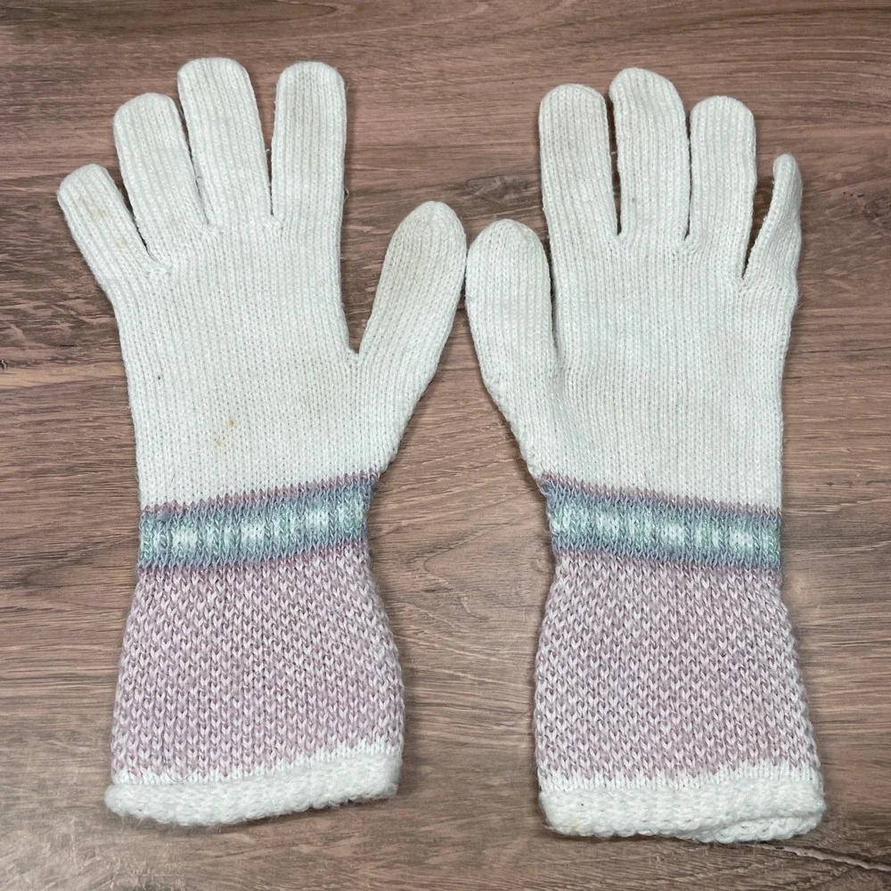 Vintage Hansen Womens Knit Beanie Hat and Gloves‎ Set Fair Isle White Pink Blue